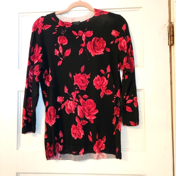 Talbots Black Rose Merino Wool Floral Pullover Crew Neck Sweater EUC Medium - Picture 1 of 7
